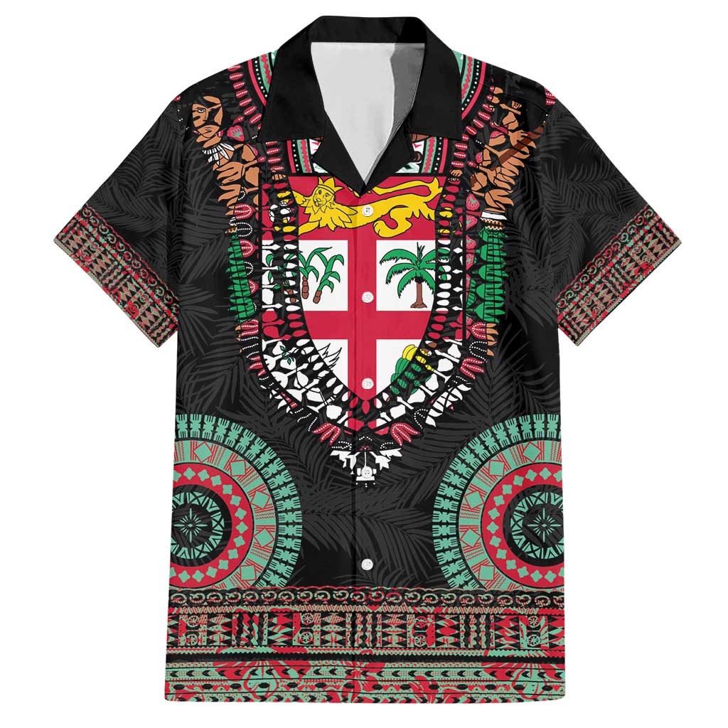 Fiji Coat of Arms Traditional Dashiki Family Matching Short Sleeve Bodycon Dress and Hawaiian Shirt Tapa Art and Palm Leaves Pattern Black Color - Polynesian Pride