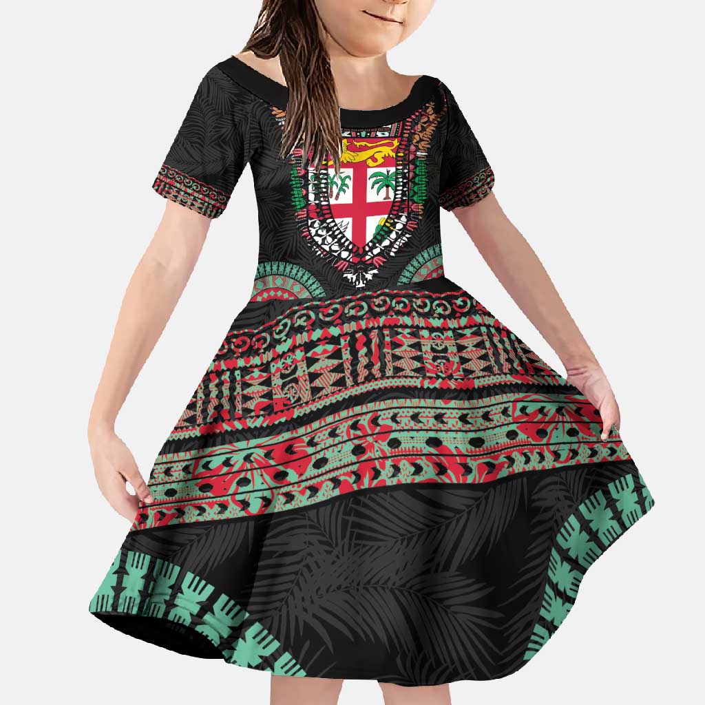 Fiji Coat of Arms Traditional Dashiki Family Matching Summer Maxi Dress and Hawaiian Shirt Tapa Art and Palm Leaves Pattern Black Color - Polynesian Pride