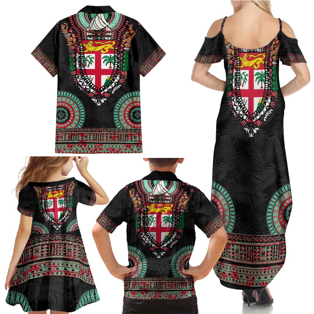 Fiji Coat of Arms Traditional Dashiki Family Matching Summer Maxi Dress and Hawaiian Shirt Tapa Art and Palm Leaves Pattern Black Color - Polynesian Pride