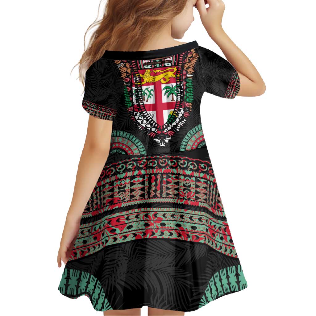 Fiji Coat of Arms Traditional Dashiki Family Matching Tank Maxi Dress and Hawaiian Shirt Tapa Art and Palm Leaves Pattern Black Color - Polynesian Pride