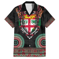 Fiji Coat of Arms Traditional Dashiki Family Matching Tank Maxi Dress and Hawaiian Shirt Tapa Art and Palm Leaves Pattern Black Color - Polynesian Pride