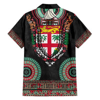 Fiji Coat of Arms Traditional Dashiki Family Matching Tank Maxi Dress and Hawaiian Shirt Tapa Art and Palm Leaves Pattern Black Color - Polynesian Pride