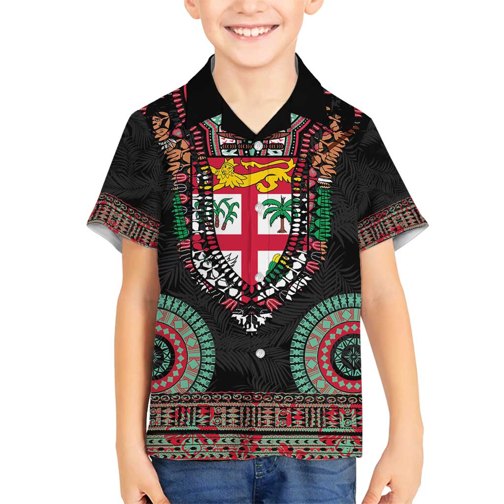 Fiji Coat of Arms Traditional Dashiki Family Matching Tank Maxi Dress and Hawaiian Shirt Tapa Art and Palm Leaves Pattern Black Color - Polynesian Pride