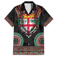 Fiji Coat of Arms Traditional Dashiki Hawaiian Shirt Tapa Art and Palm Leaves Pattern Black Color - Polynesian Pride