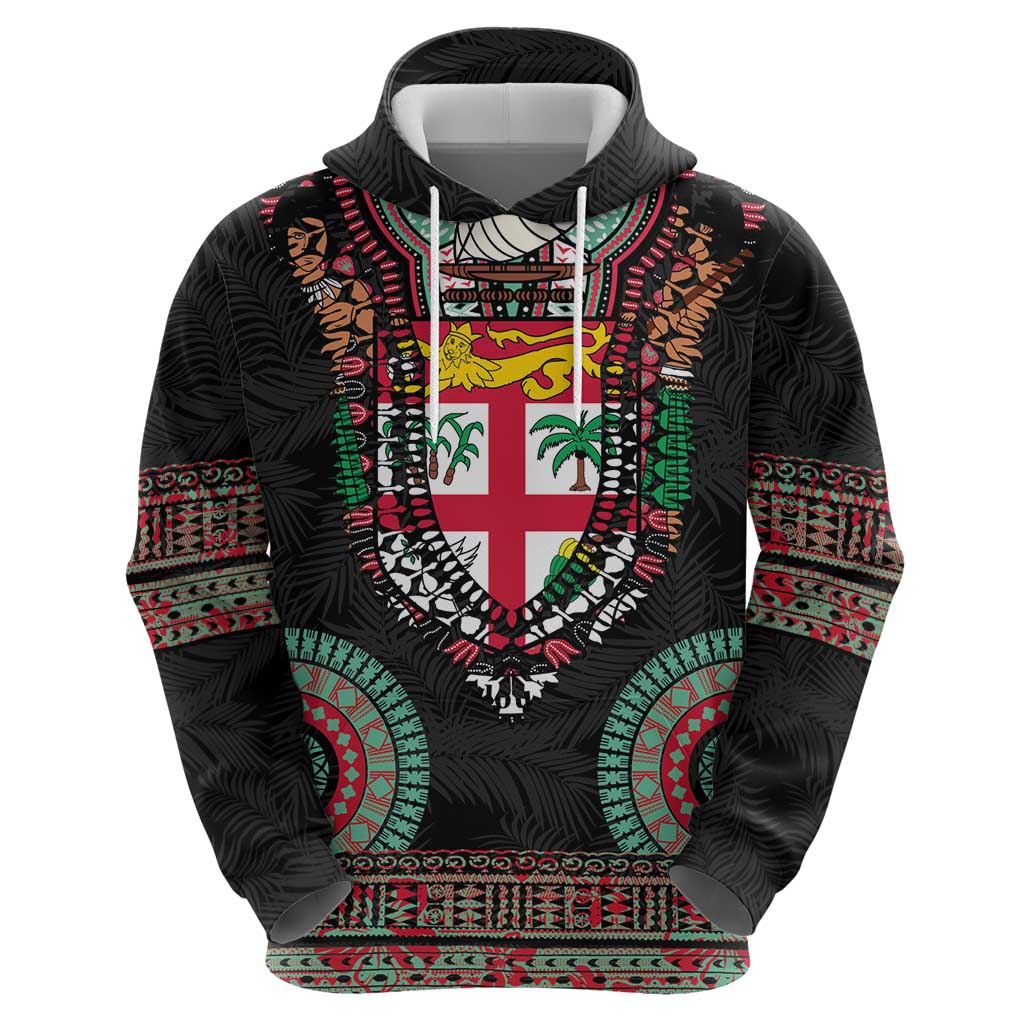 Fiji Coat of Arms Traditional Dashiki Hoodie Tapa Art and Palm Leaves Pattern Black Color - Polynesian Pride