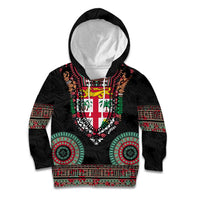 Fiji Coat of Arms Traditional Dashiki Kid Hoodie Tapa Art and Palm Leaves Pattern Black Color - Polynesian Pride
