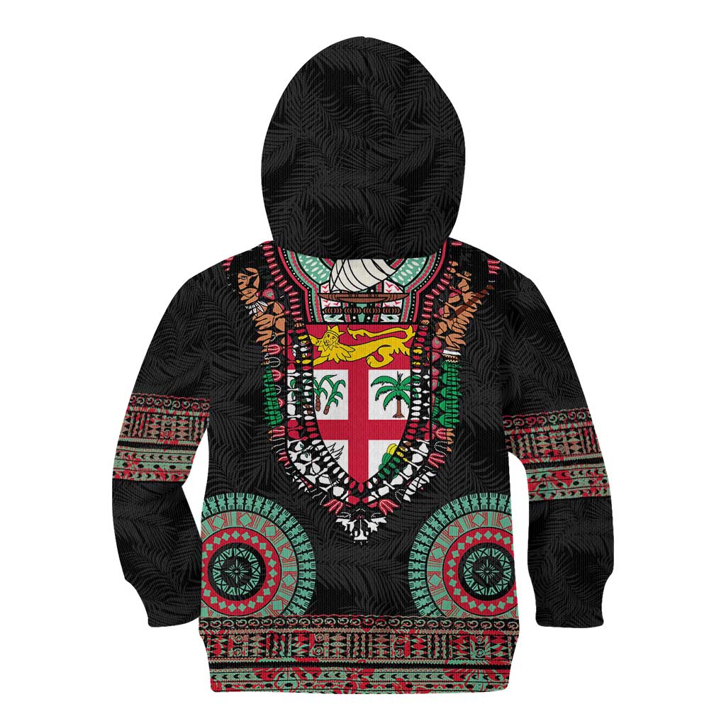 Fiji Coat of Arms Traditional Dashiki Kid Hoodie Tapa Art and Palm Leaves Pattern Black Color - Polynesian Pride