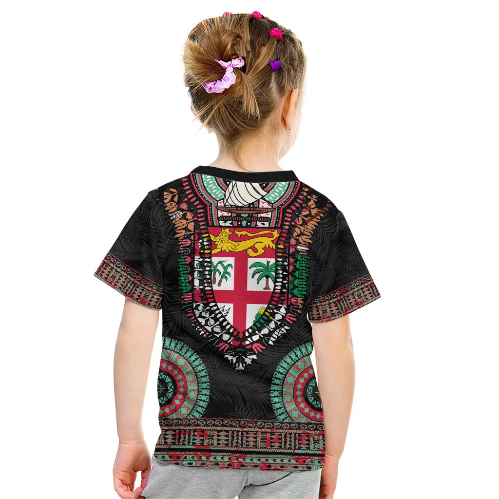 Fiji Coat of Arms Traditional Dashiki Kid T Shirt Tapa Art and Palm Leaves Pattern Black Color - Polynesian Pride