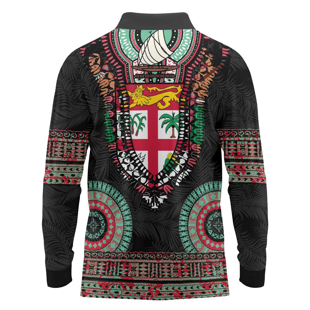 Fiji Coat of Arms Traditional Dashiki Long Sleeve Polo Shirt Tapa Art and Palm Leaves Pattern Black Color - Polynesian Pride