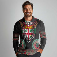 Fiji Coat of Arms Traditional Dashiki Long Sleeve Polo Shirt Tapa Art and Palm Leaves Pattern Black Color - Polynesian Pride