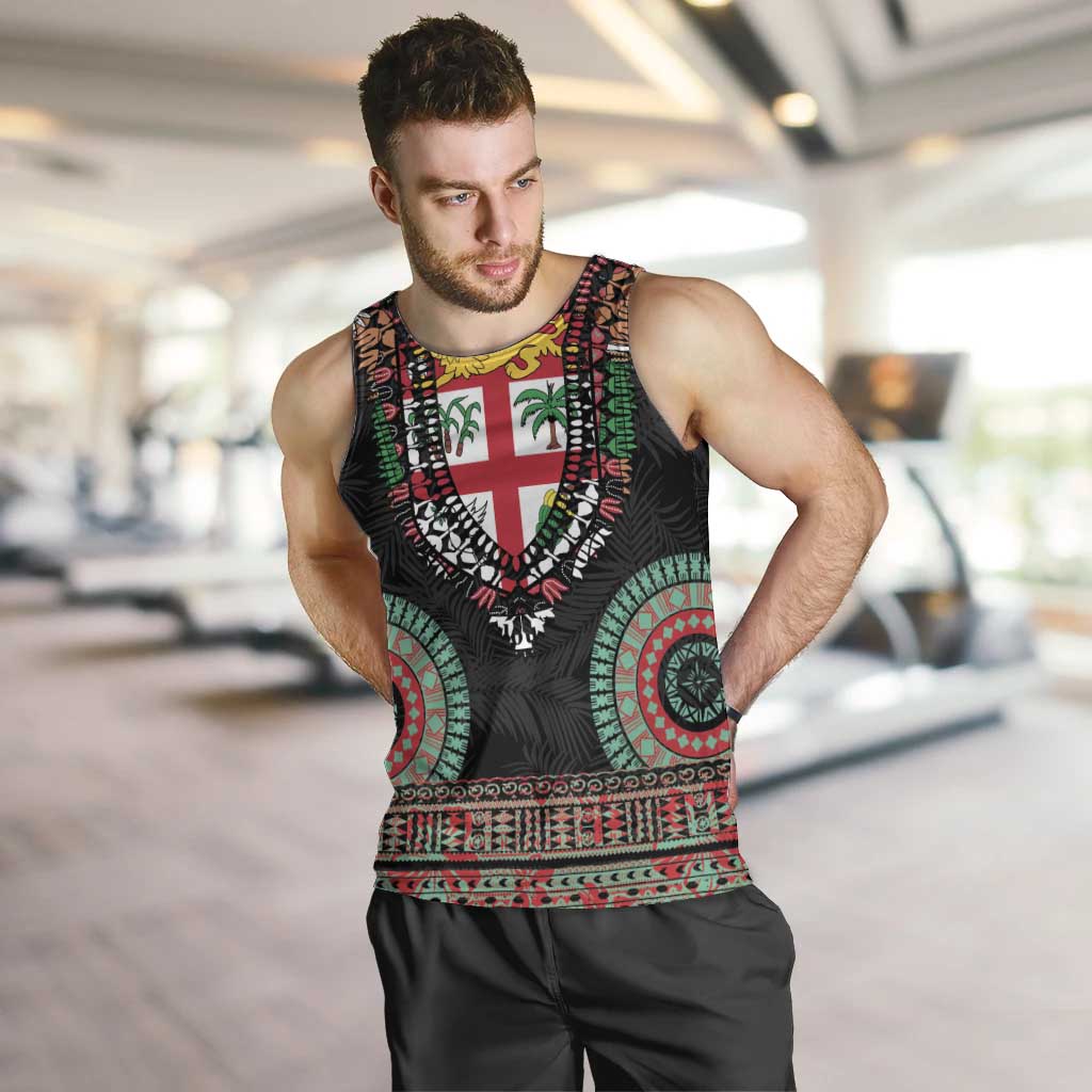 Fiji Coat of Arms Traditional Dashiki Men Tank Top Tapa Art and Palm Leaves Pattern Black Color - Polynesian Pride