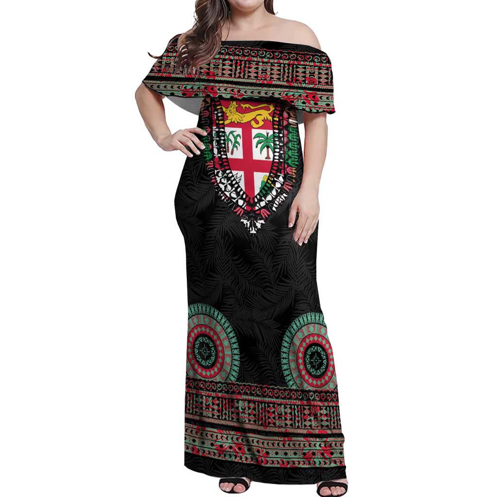 Fiji Coat of Arms Traditional Dashiki Off Shoulder Maxi Dress Tapa Art and Palm Leaves Pattern Black Color - Polynesian Pride