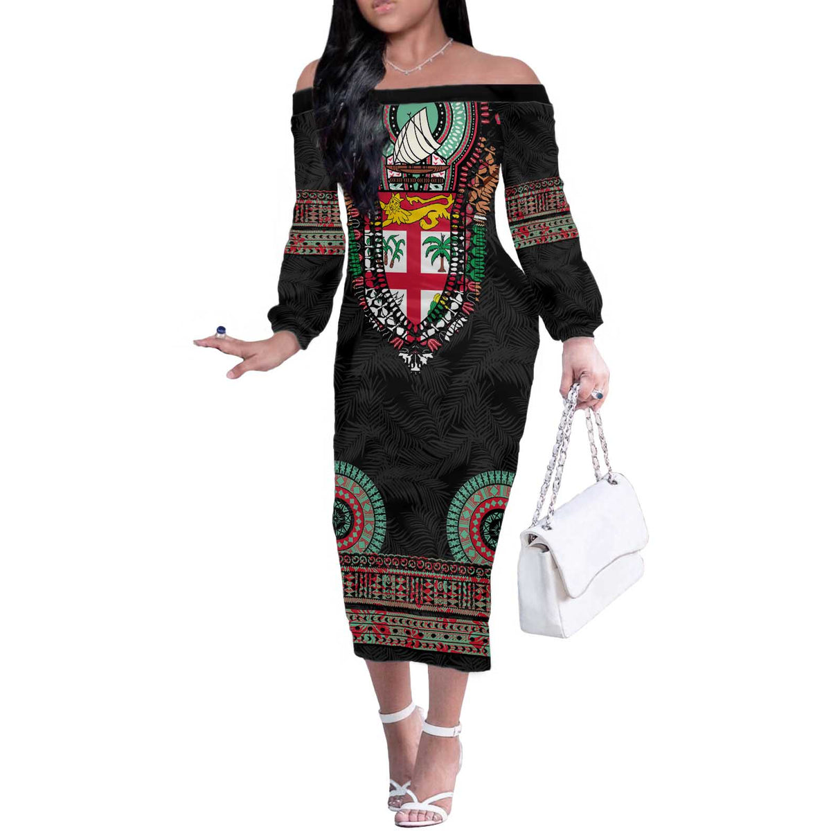 Fiji Coat of Arms Traditional Dashiki Off The Shoulder Long Sleeve Dress Tapa Art and Palm Leaves Pattern Black Color - Polynesian Pride