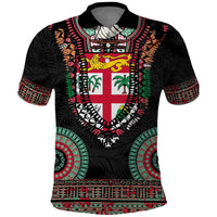 Fiji Coat of Arms Traditional Dashiki Polo Shirt Tapa Art and Palm Leaves Pattern Black Color - Polynesian Pride
