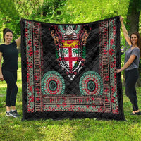 Fiji Coat of Arms Traditional Dashiki Quilt Tapa Art and Palm Leaves Pattern Black Color - Polynesian Pride