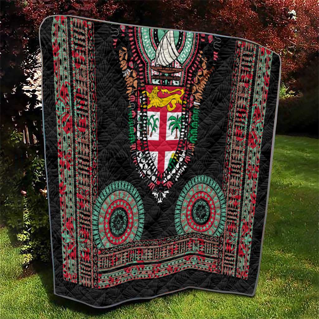 Fiji Coat of Arms Traditional Dashiki Quilt Tapa Art and Palm Leaves Pattern Black Color - Polynesian Pride