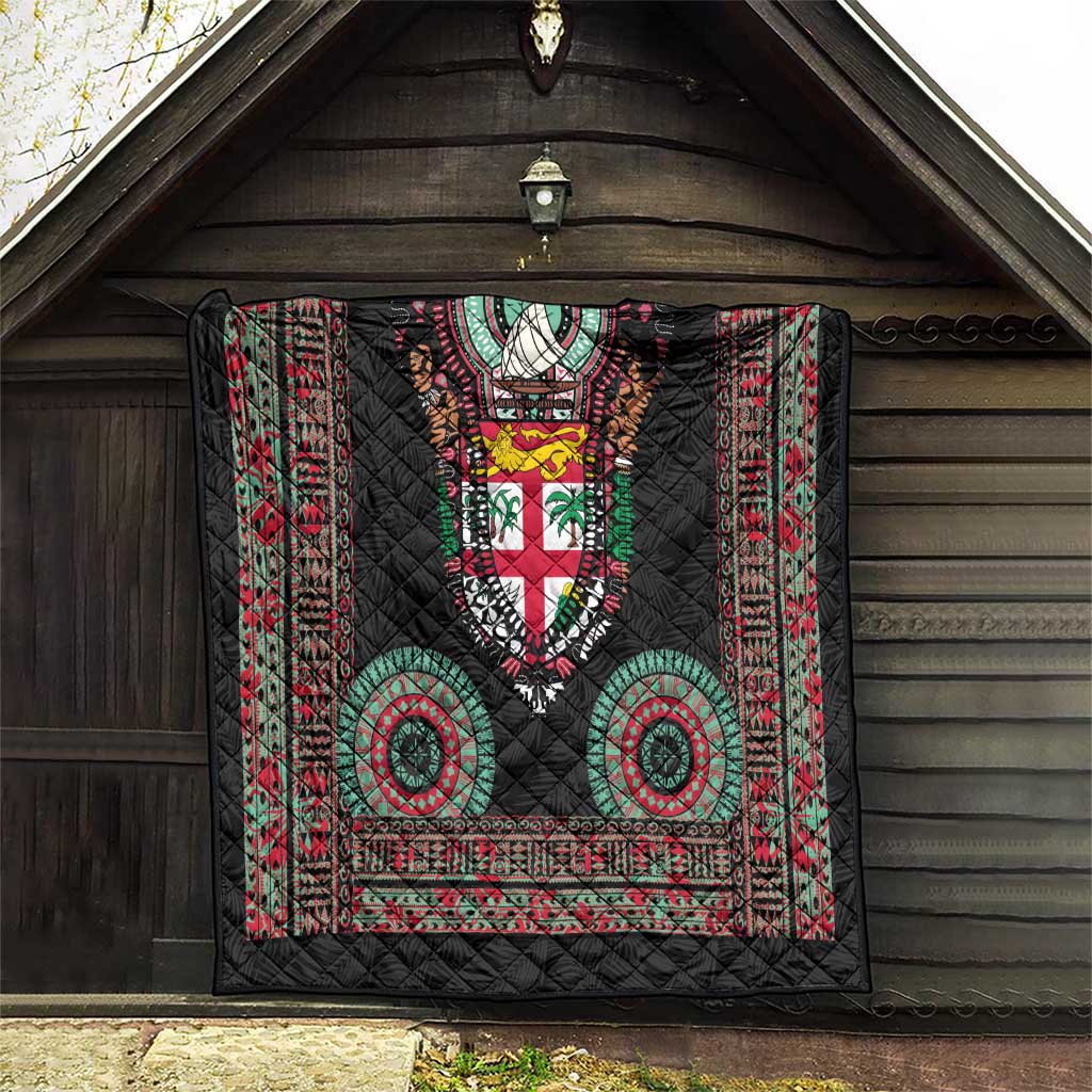 Fiji Coat of Arms Traditional Dashiki Quilt Tapa Art and Palm Leaves Pattern Black Color - Polynesian Pride