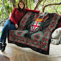 Fiji Coat of Arms Traditional Dashiki Quilt Tapa Art and Palm Leaves Pattern Black Color - Polynesian Pride