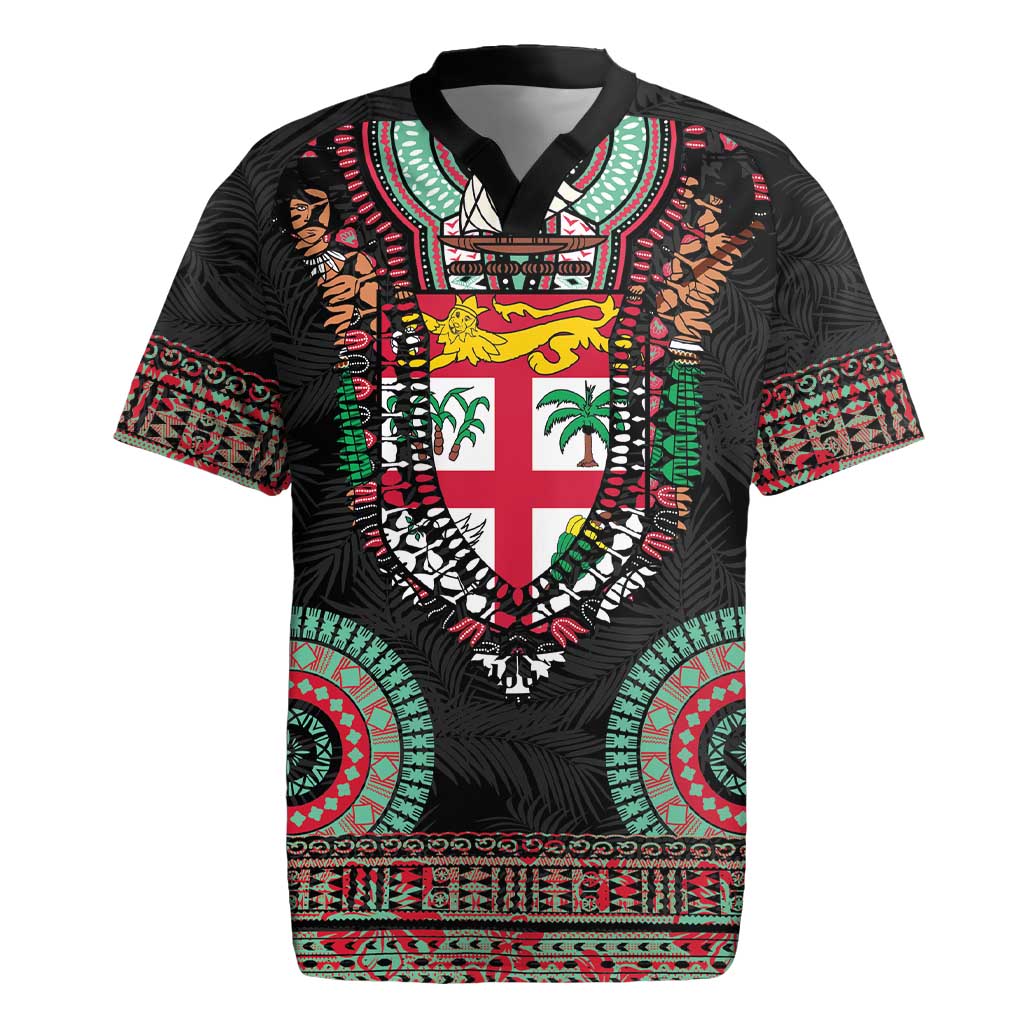 Fiji Coat of Arms Traditional Dashiki Rugby Jersey Tapa Art and Palm Leaves Pattern Black Color - Polynesian Pride