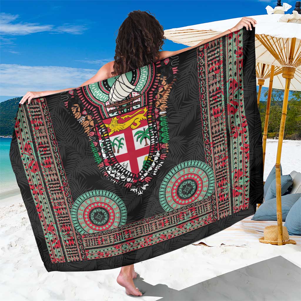 Fiji Coat of Arms Traditional Dashiki Sarong Tapa Art and Palm Leaves Pattern Black Color - Polynesian Pride