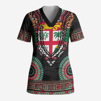 Fiji Coat of Arms Traditional Dashiki Scrub Top Tapa Art and Palm Leaves Pattern Black Color - Polynesian Pride
