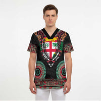 Fiji Coat of Arms Traditional Dashiki Scrub Top Tapa Art and Palm Leaves Pattern Black Color - Polynesian Pride