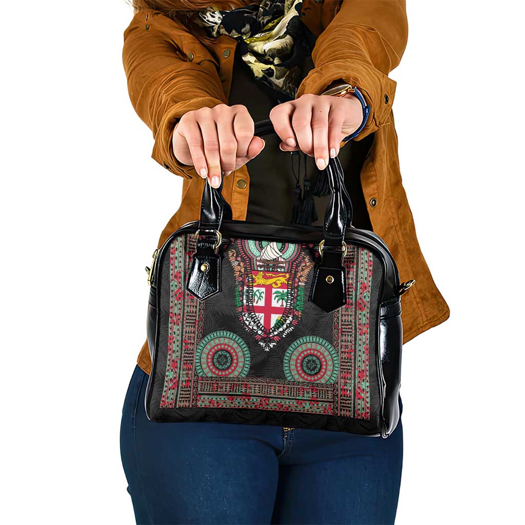 Fiji Coat of Arms Traditional Dashiki Shoulder Handbag Tapa Art and Palm Leaves Pattern Black Color - Polynesian Pride