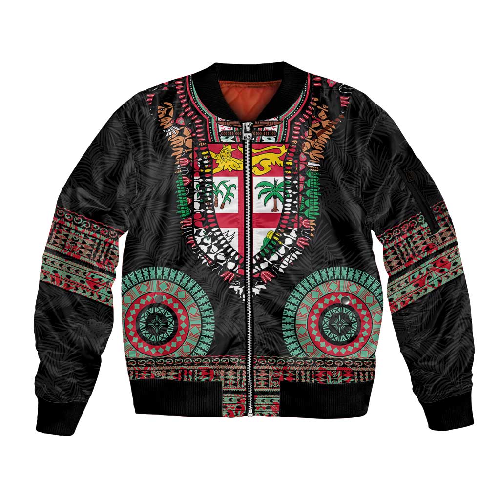 Fiji Coat of Arms Traditional Dashiki Sleeve Zip Bomber Jacket Tapa Art and Palm Leaves Pattern Black Color LT03 Unisex Black - Polynesian Pride