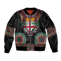 Fiji Coat of Arms Traditional Dashiki Sleeve Zip Bomber Jacket Tapa Art and Palm Leaves Pattern Black Color LT03 Unisex Black - Polynesian Pride