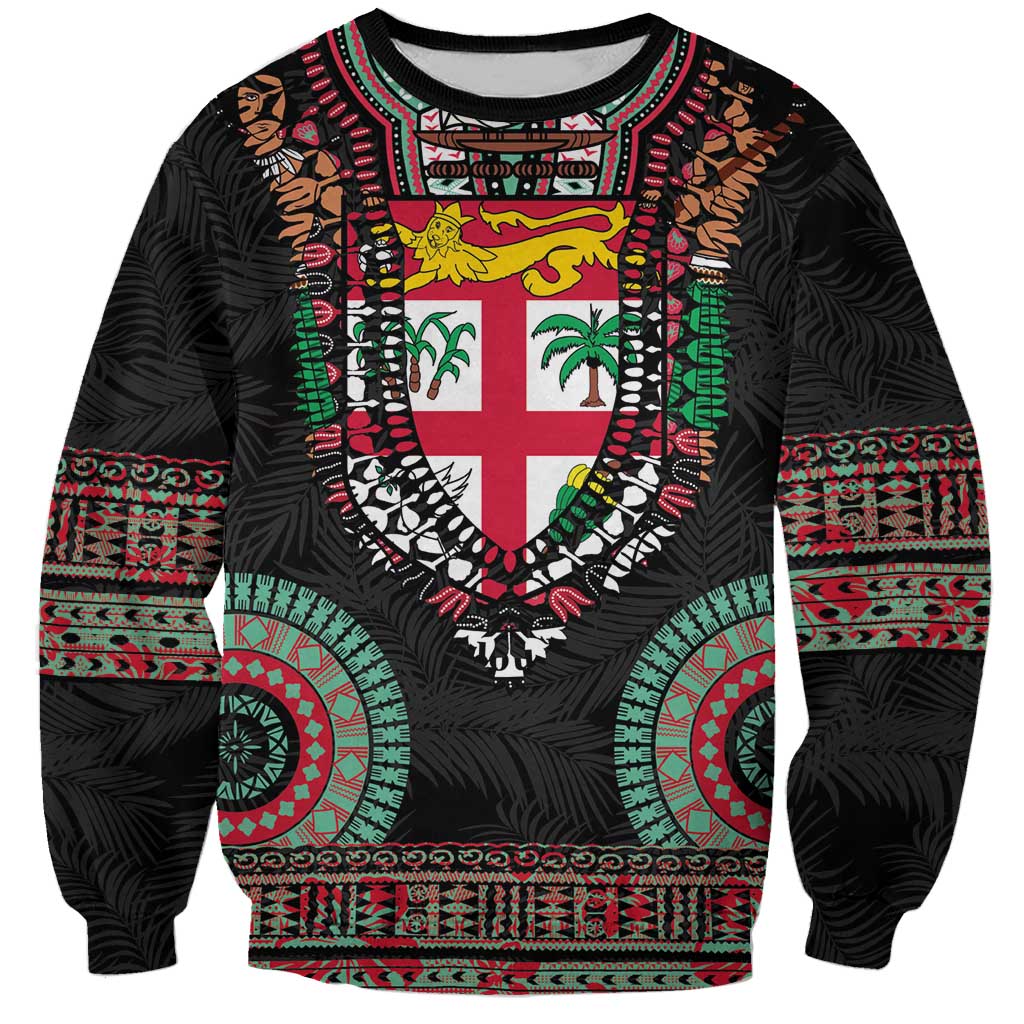 Fiji Coat of Arms Traditional Dashiki Sweatshirt Tapa Art and Palm Leaves Pattern Black Color - Polynesian Pride