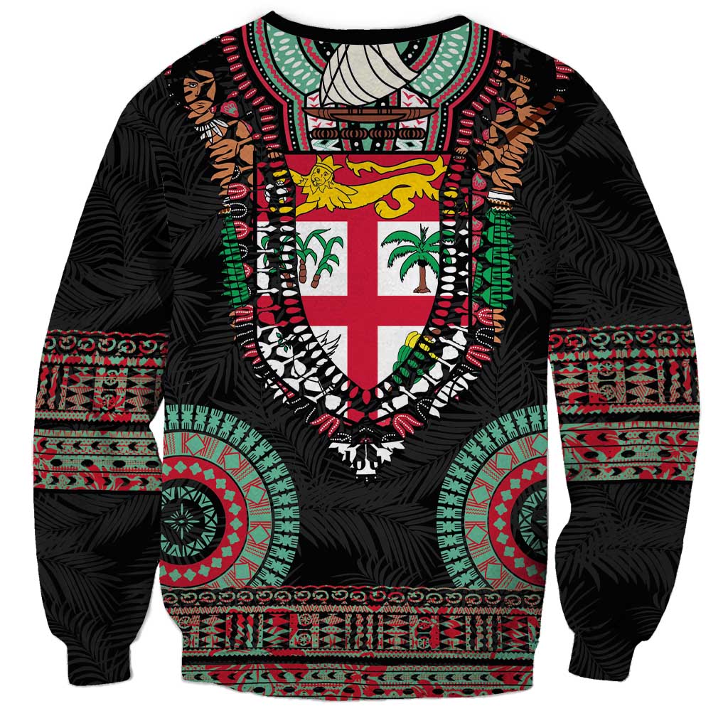 Fiji Coat of Arms Traditional Dashiki Sweatshirt Tapa Art and Palm Leaves Pattern Black Color LT03 - Polynesian Pride