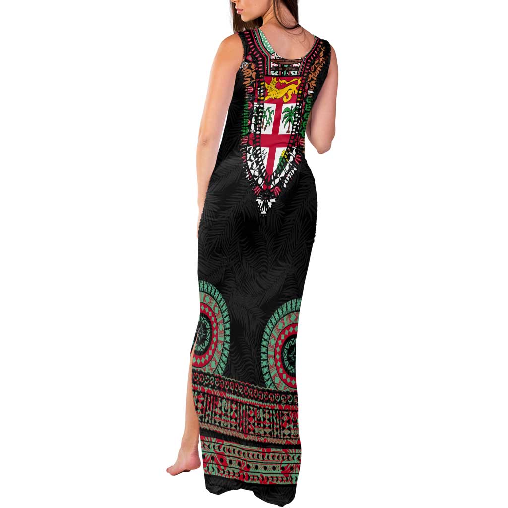 Fiji Coat of Arms Traditional Dashiki Tank Maxi Dress Tapa Art and Palm Leaves Pattern Black Color - Polynesian Pride