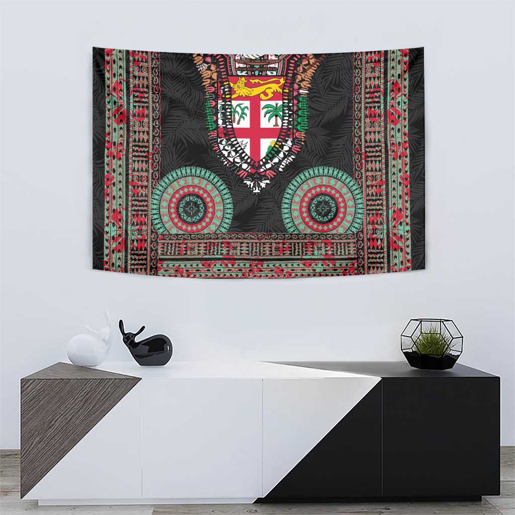 Fiji Coat of Arms Traditional Dashiki Tapestry Tapa Art and Palm Leaves Pattern Black Color - Polynesian Pride