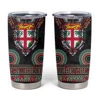 Fiji Coat of Arms Traditional Dashiki Tumbler Cup Tapa Art and Palm Leaves Pattern Black Color - Polynesian Pride