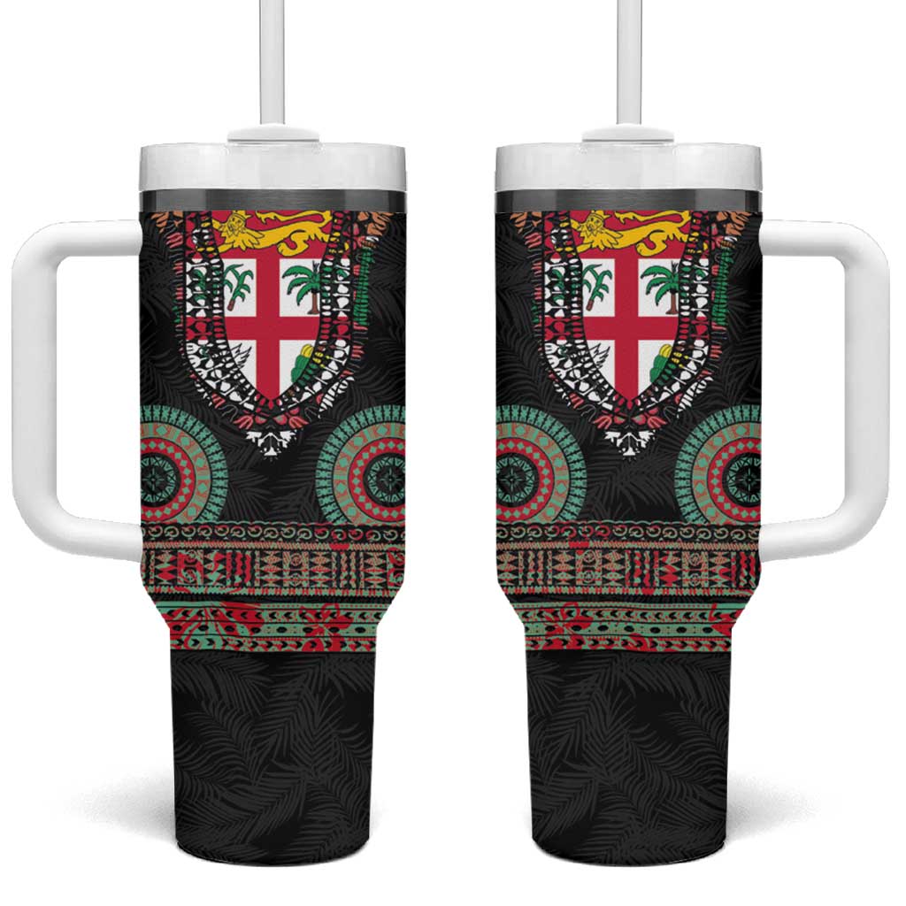Fiji Coat of Arms Traditional Dashiki Tumbler With Handle Tapa Art and Palm Leaves Pattern Black Color - Polynesian Pride