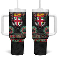 Fiji Coat of Arms Traditional Dashiki Tumbler With Handle Tapa Art and Palm Leaves Pattern Black Color - Polynesian Pride