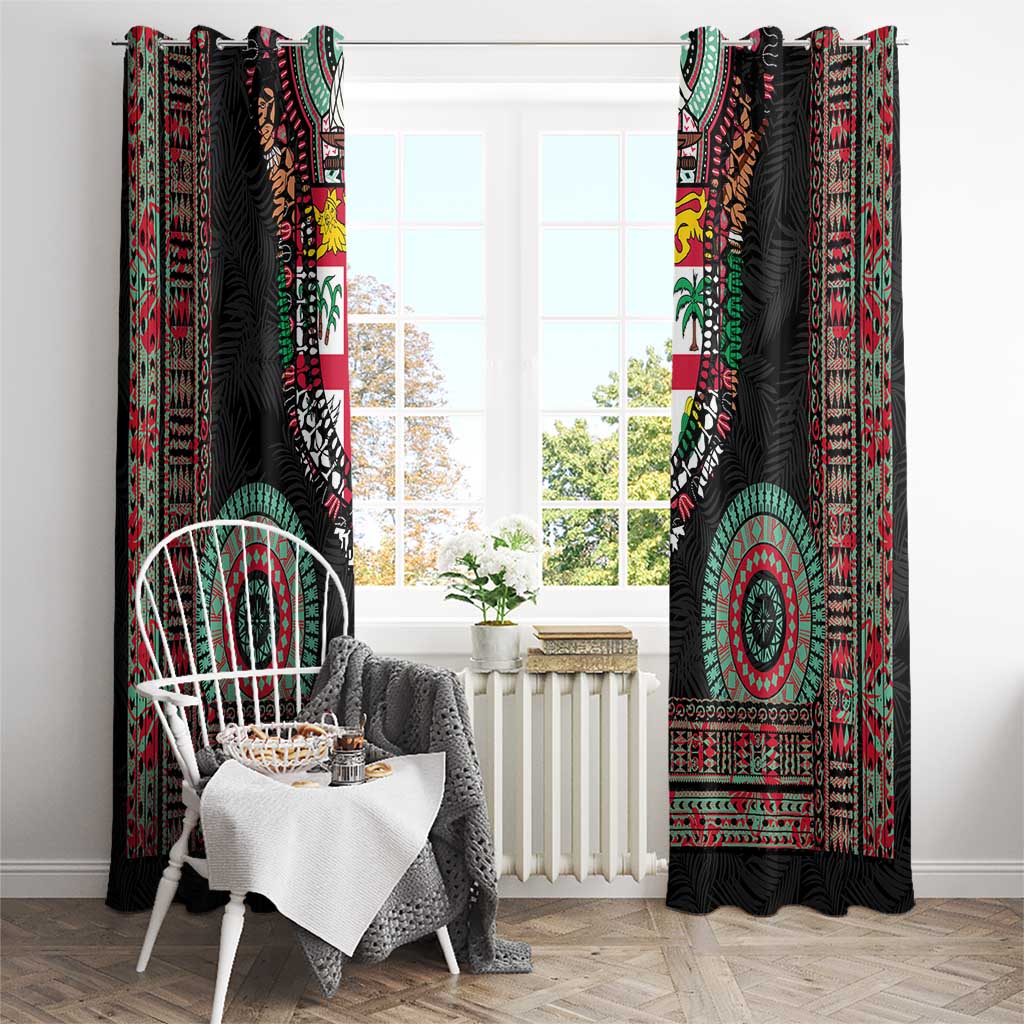 Fiji Coat of Arms Traditional Dashiki Window Curtain Tapa Art and Palm Leaves Pattern Black Color - Polynesian Pride
