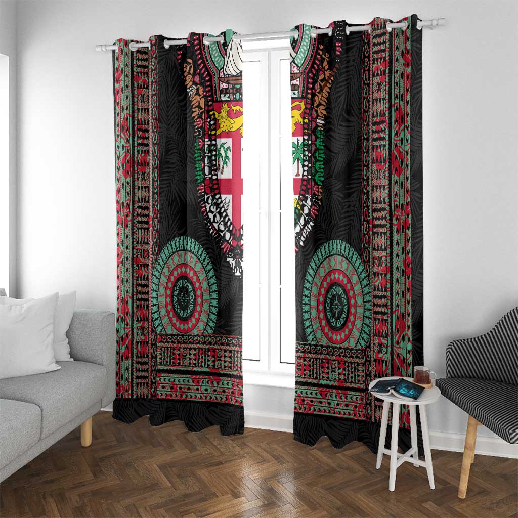 Fiji Coat of Arms Traditional Dashiki Window Curtain Tapa Art and Palm Leaves Pattern Black Color - Polynesian Pride