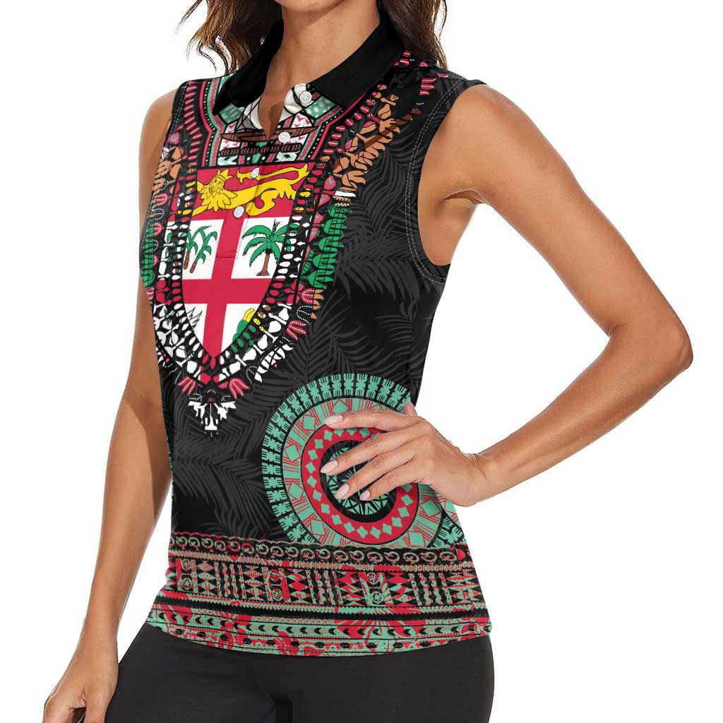 Fiji Coat of Arms Traditional Dashiki Women Sleeveless Polo Shirt Tapa Art and Palm Leaves Pattern Black Color - Polynesian Pride