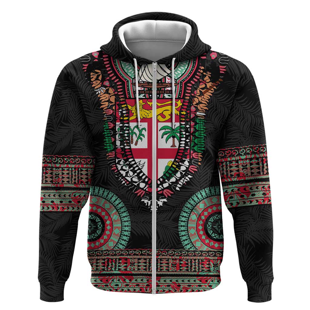 Fiji Coat of Arms Traditional Dashiki Zip Hoodie Tapa Art and Palm Leaves Pattern Black Color - Polynesian Pride