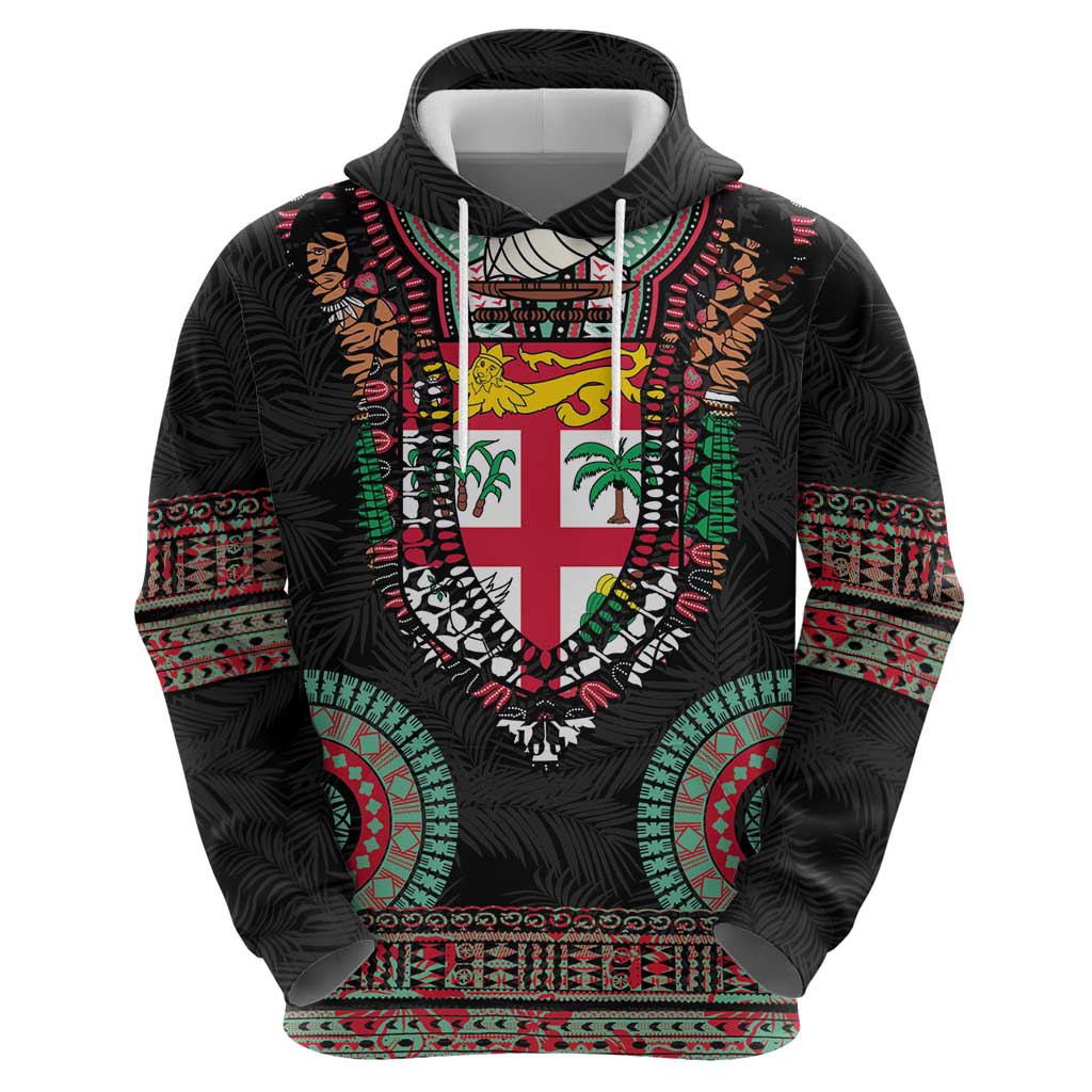 Fiji Coat of Arms Traditional Dashiki Zip Hoodie Tapa Art and Palm Leaves Pattern Black Color - Polynesian Pride
