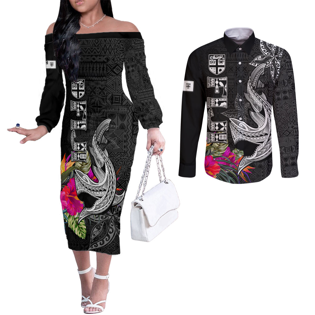 Polynesian Fiji Couples Matching Off The Shoulder Long Sleeve Dress and Long Sleeve Button Shirts Shark and Hibiscus Tapa Pattern Version LT03 White - Polynesian Pride