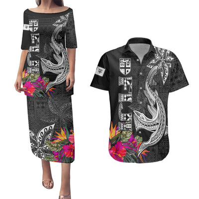 Polynesian Couples Matching Puletasi Dress and Hawaiian Shirt Pacific Flower Mix Floral Tribal Tattoo Aqua Vibe LT9 main image 1
