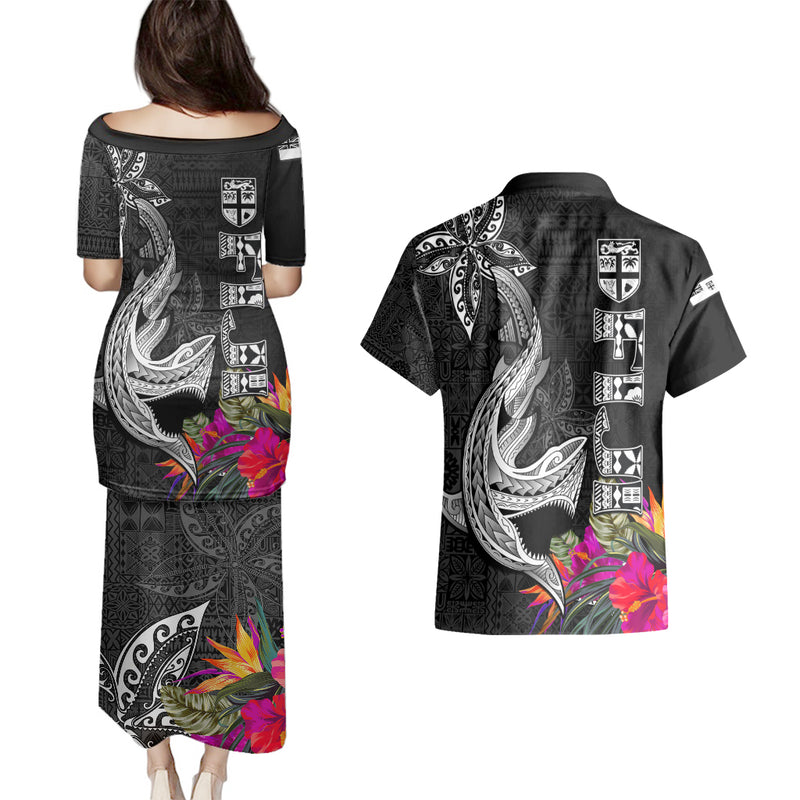 Polynesian Couples Matching Puletasi Dress and Hawaiian Shirt Pacific Flower Mix Floral Tribal Tattoo Aqua Vibe LT9