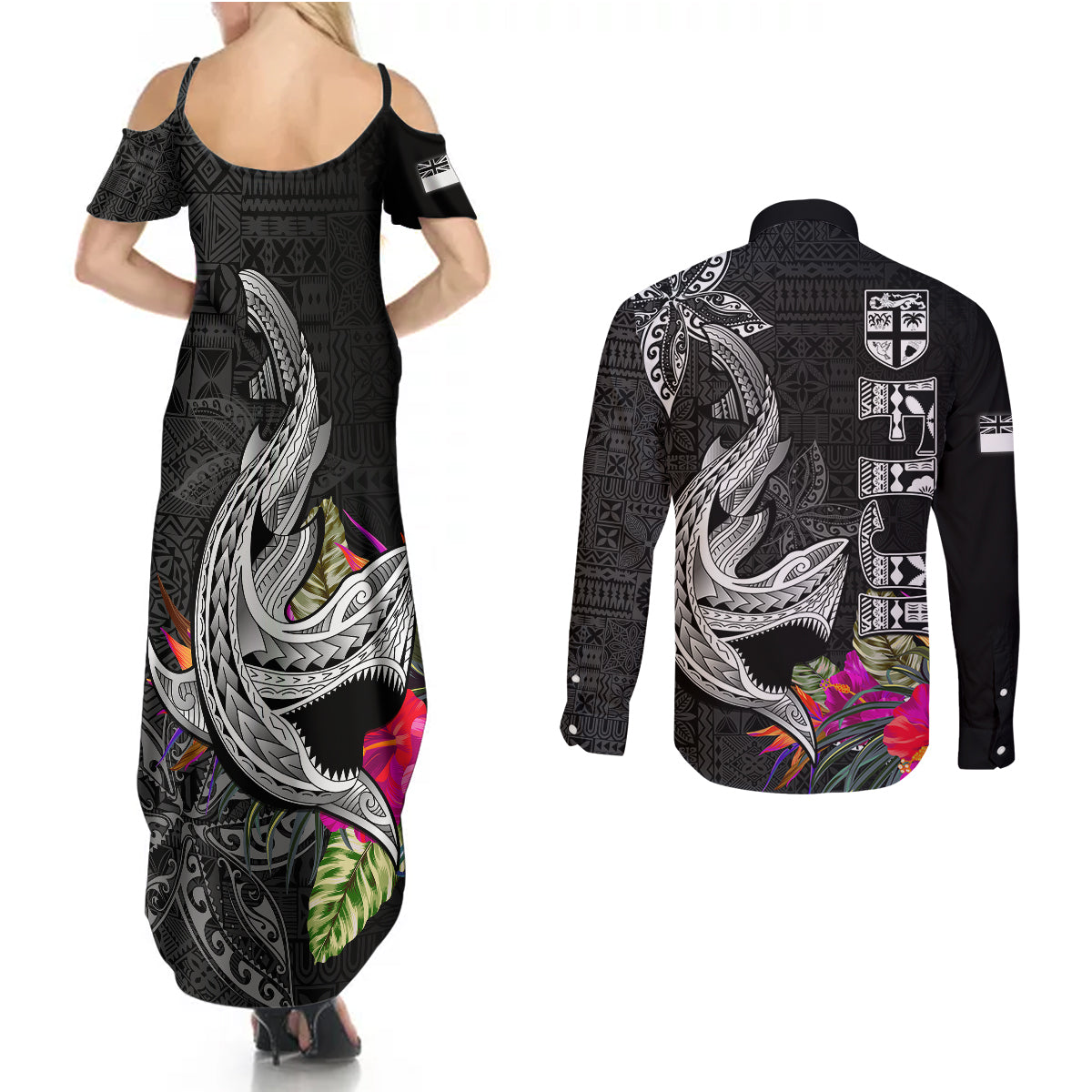 Polynesian Fiji Couples Matching Summer Maxi Dress and Long Sleeve Button Shirts Shark and Hibiscus Tapa Pattern Version LT03 - Polynesian Pride