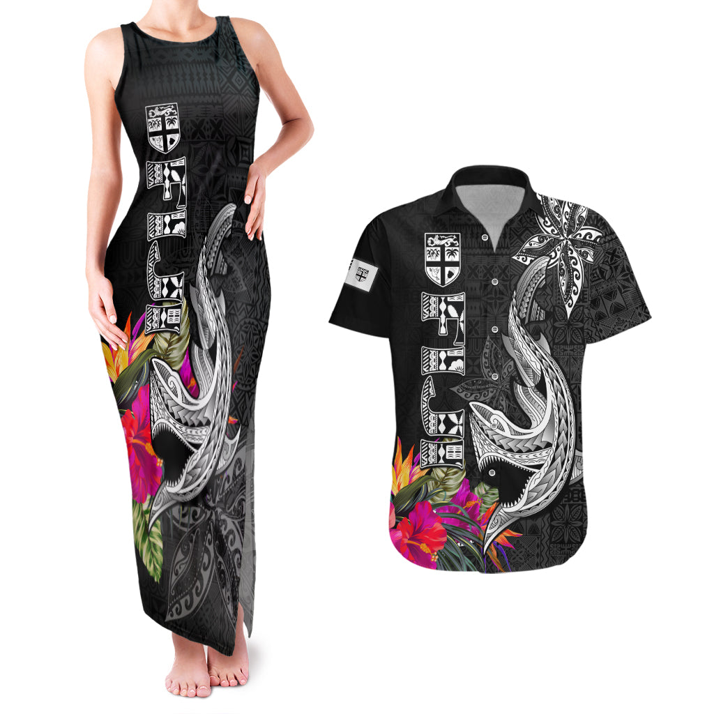 Polynesian Fiji Couples Matching Tank Maxi Dress and Hawaiian Shirt Shark and Hibiscus Tapa Pattern Version LT03 White - Polynesian Pride