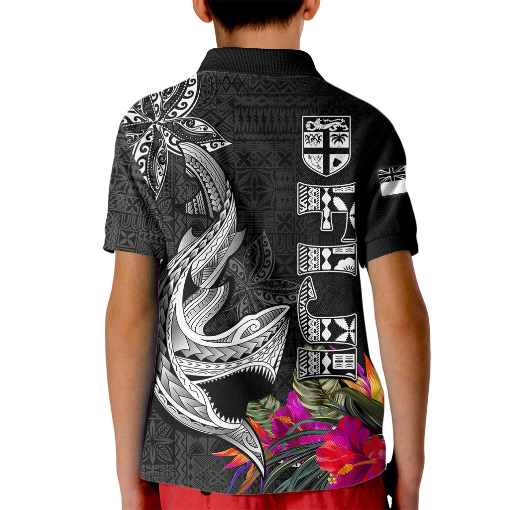 Polynesian Fiji Kid Polo Shirt Shark and Hibiscus Tapa Pattern Version LT03 - Polynesian Pride