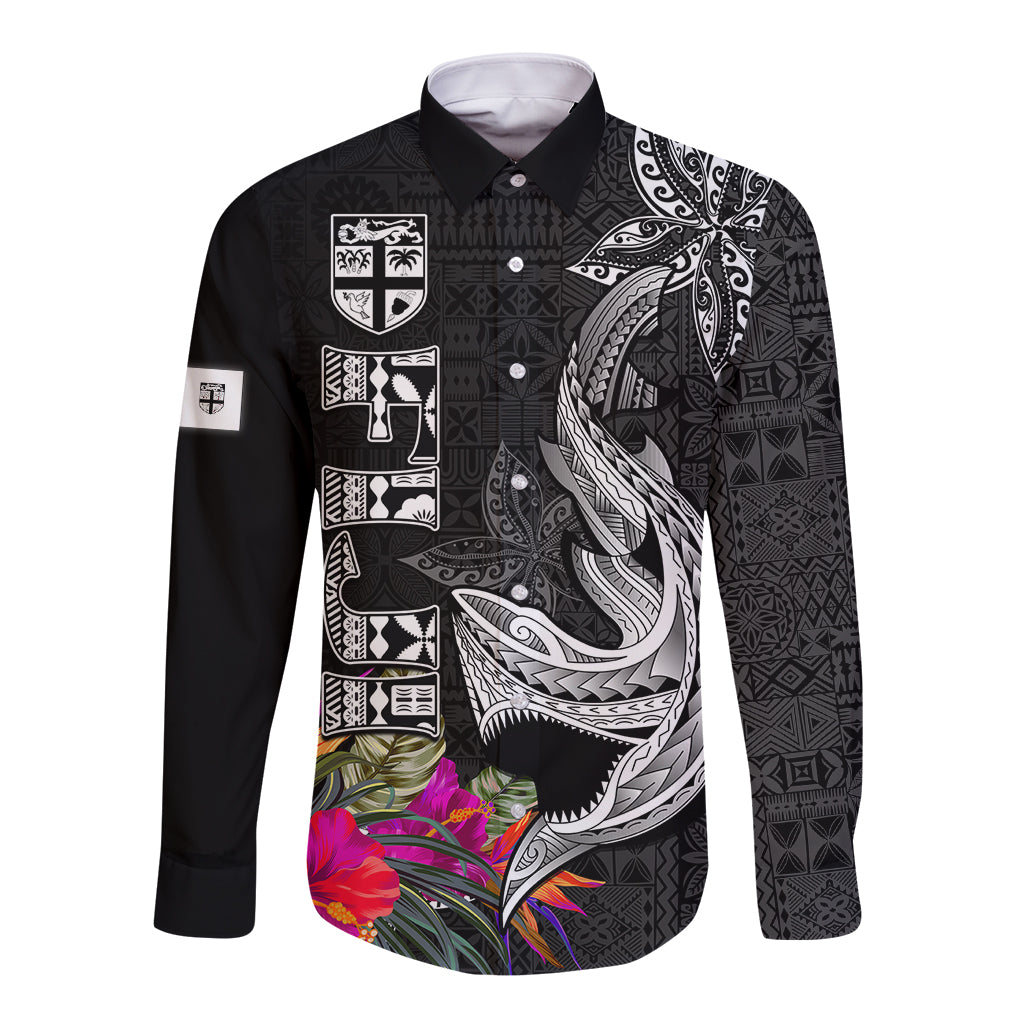 Polynesian Fiji Long Sleeve Button Shirt Shark and Hibiscus Tapa Pattern Version LT03 Unisex White - Polynesian Pride