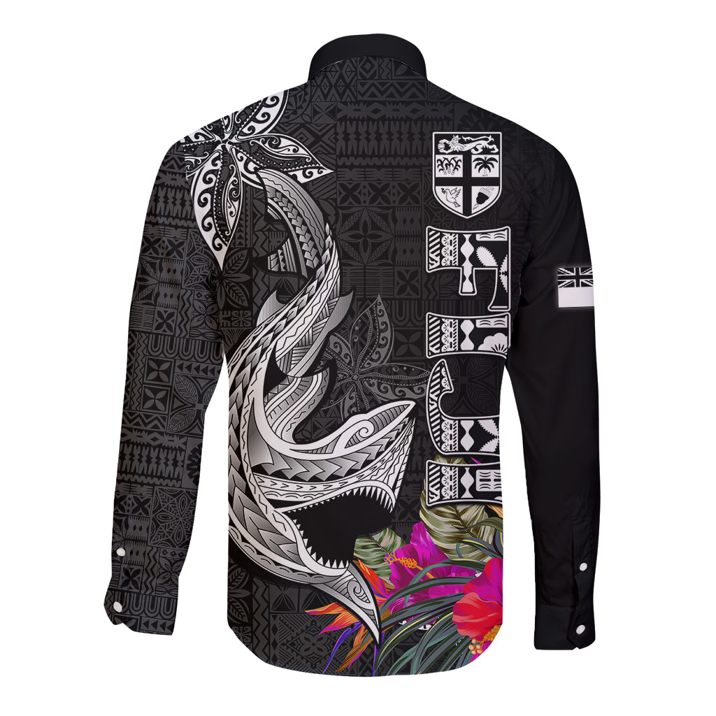 Polynesian Fiji Long Sleeve Button Shirt Shark and Hibiscus Tapa Pattern Version LT03 - Polynesian Pride