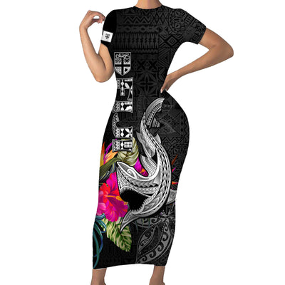 French Polynesia Bora Bora Short Sleeve Bodycon Dress Polynesian Shark Tattoo With Hibiscus Green Version LT14 main image 0